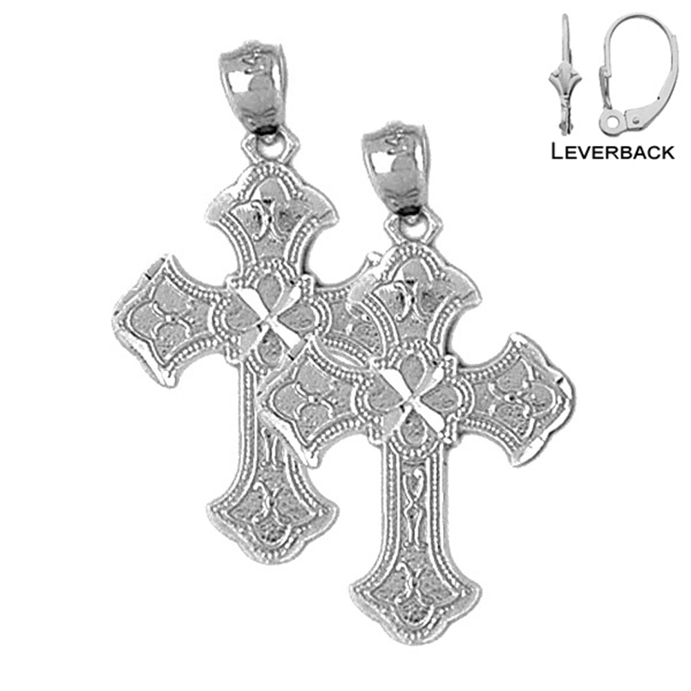 Sterling Silver 31mm Budded Cross Earrings (White or Yellow Gold Plated)