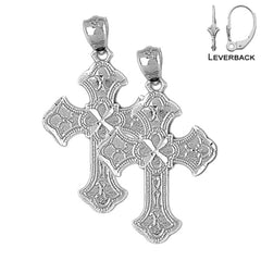 Sterling Silver 31mm Budded Cross Earrings (White or Yellow Gold Plated)