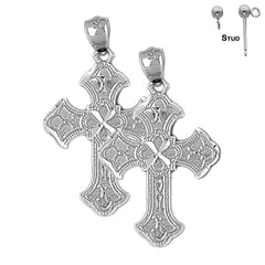 Sterling Silver 31mm Budded Cross Earrings (White or Yellow Gold Plated)