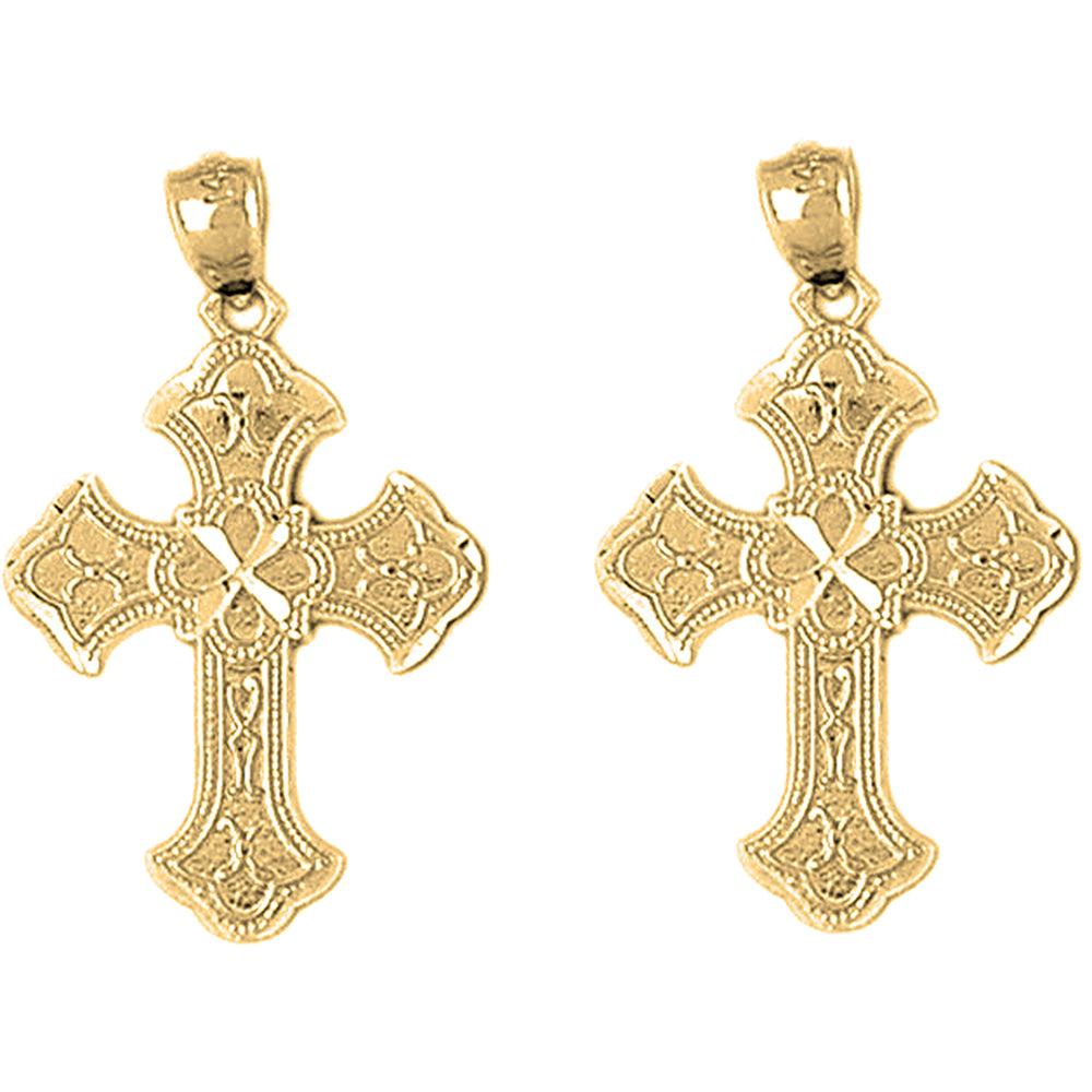 Yellow Gold-plated Silver 31mm Budded Cross Earrings