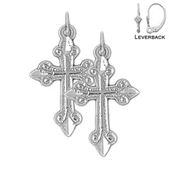 Sterling Silver 26mm Budded Cross Earrings (White or Yellow Gold Plated)