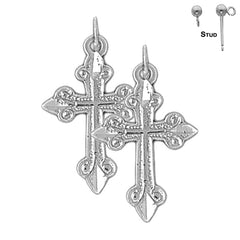 Sterling Silver 26mm Budded Cross Earrings (White or Yellow Gold Plated)