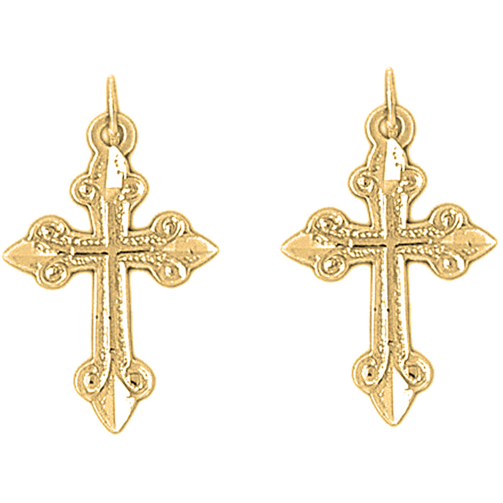 Yellow Gold-plated Silver 26mm Budded Cross Earrings