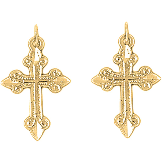 Yellow Gold-plated Silver 26mm Budded Cross Earrings