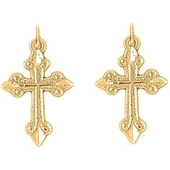 Yellow Gold-plated Silver 26mm Budded Cross Earrings