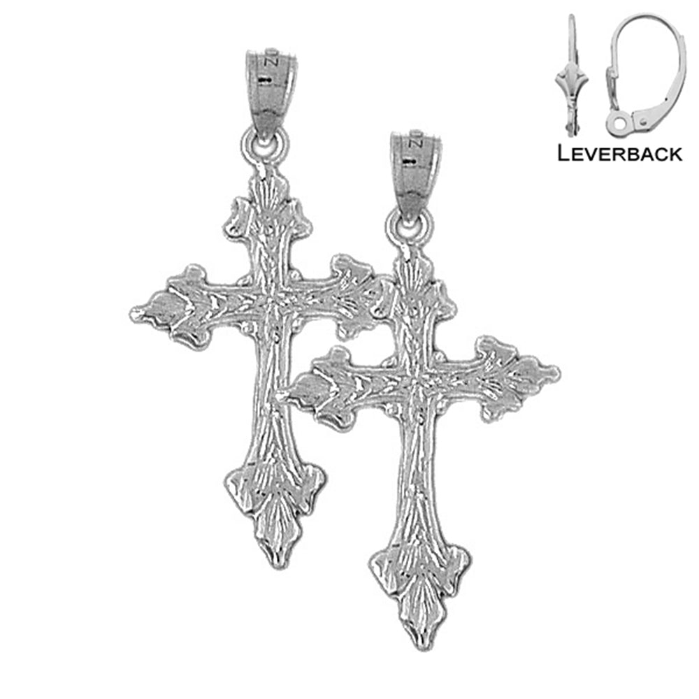 Sterling Silver 37mm Budded Cross Earrings (White or Yellow Gold Plated)