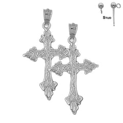 Sterling Silver 37mm Budded Cross Earrings (White or Yellow Gold Plated)