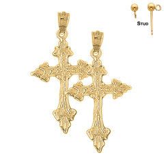 Sterling Silver 37mm Budded Cross Earrings (White or Yellow Gold Plated)