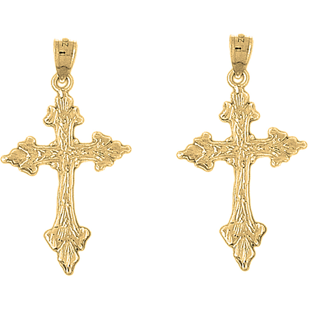 Yellow Gold-plated Silver 37mm Budded Cross Earrings