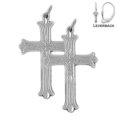 Sterling Silver 33mm Budded Cross Earrings (White or Yellow Gold Plated)