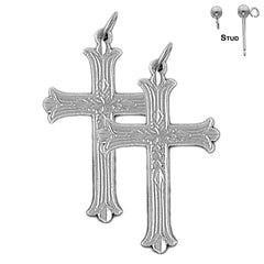 Sterling Silver 33mm Budded Cross Earrings (White or Yellow Gold Plated)