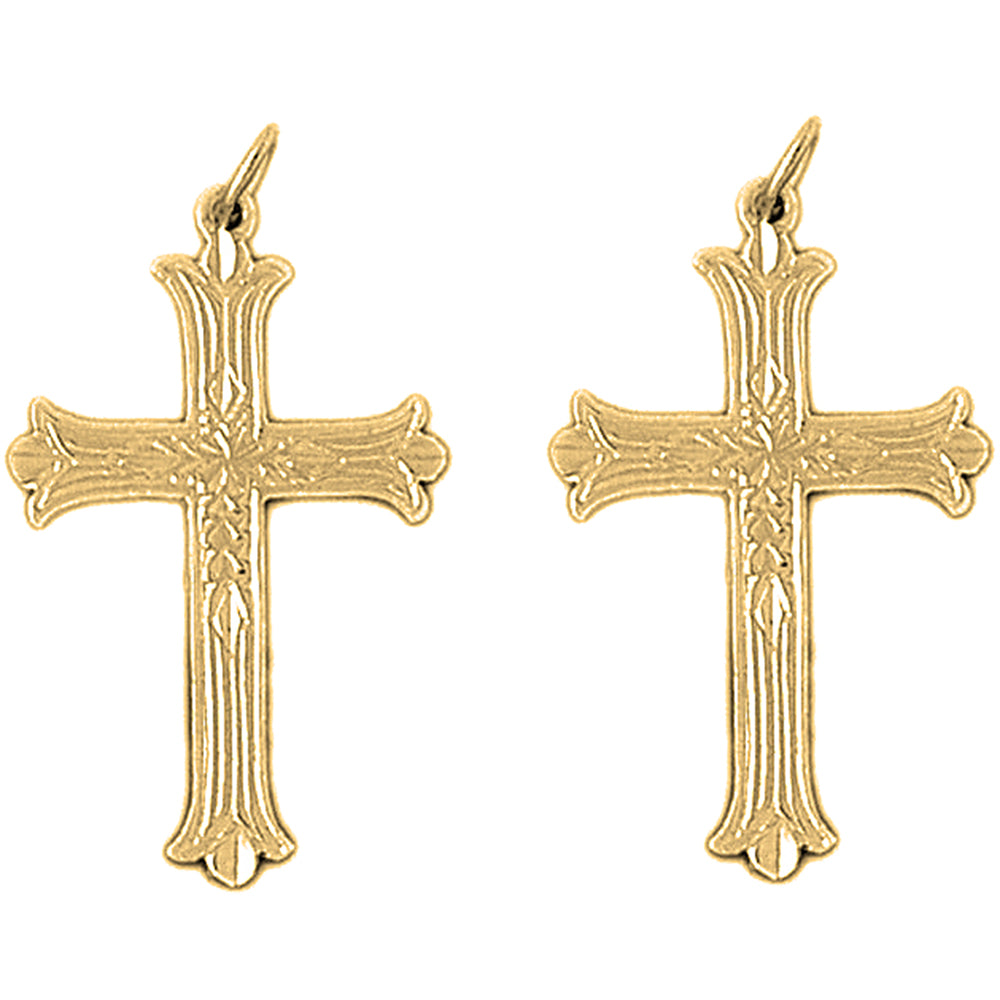 Yellow Gold-plated Silver 33mm Budded Cross Earrings