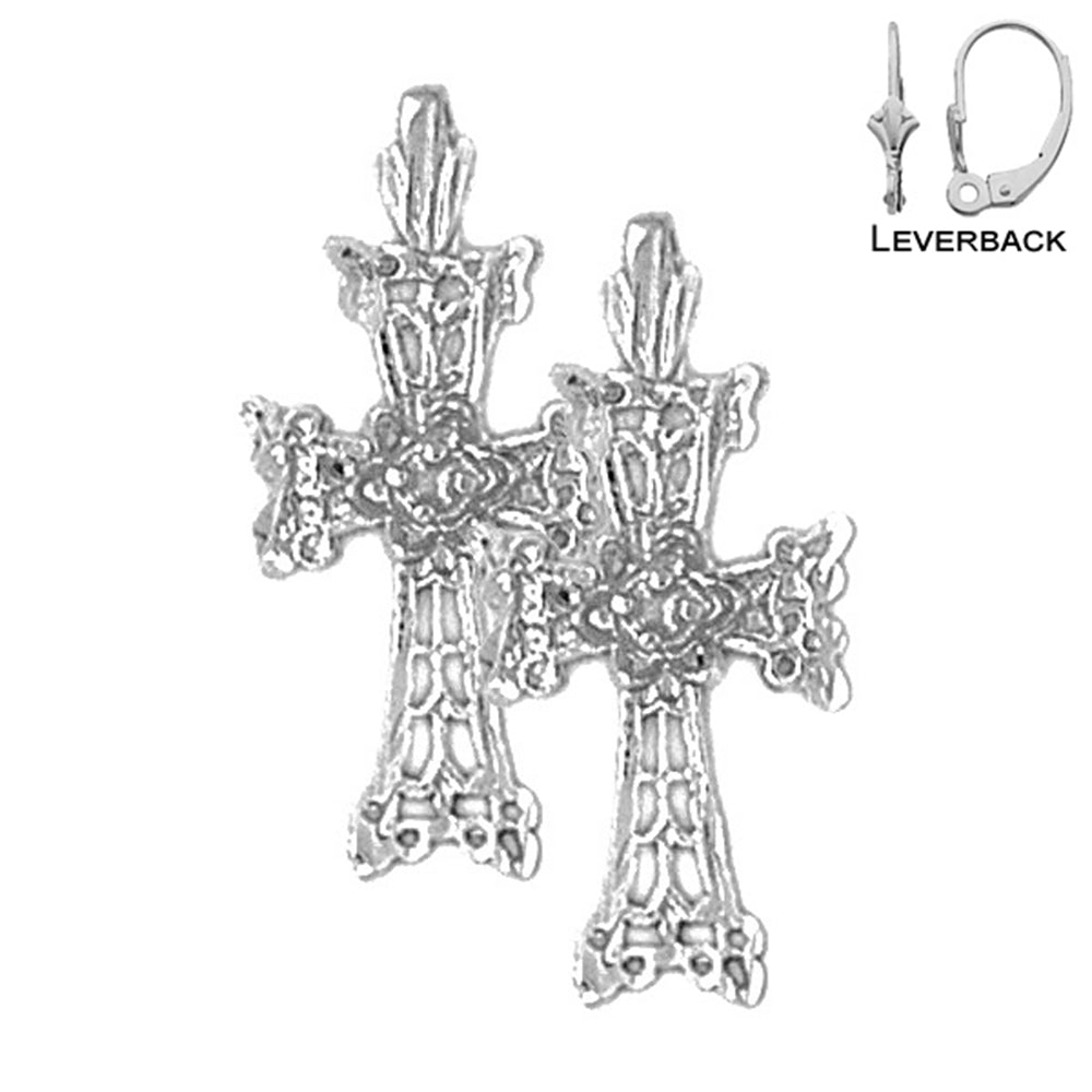 Sterling Silver 25mm Floral Cross Earrings (White or Yellow Gold Plated)