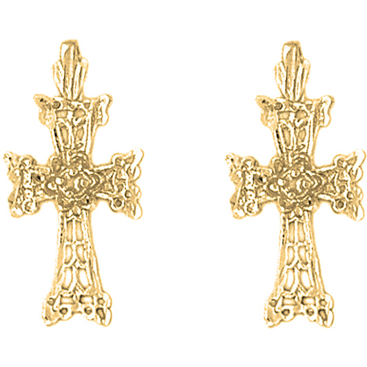 Yellow Gold-plated Silver 25mm Floral Cross Earrings