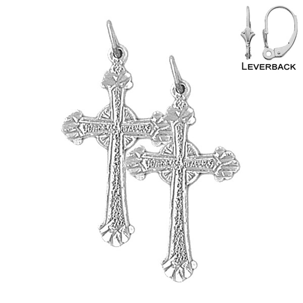 Sterling Silver 31mm Budded Glory Cross Earrings (White or Yellow Gold Plated)