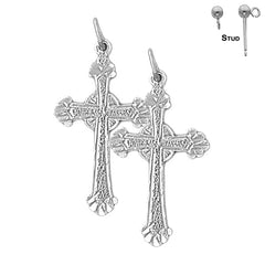 Sterling Silver 31mm Budded Glory Cross Earrings (White or Yellow Gold Plated)