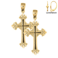 Sterling Silver 35mm Budded Glory Cross Earrings (White or Yellow Gold Plated)