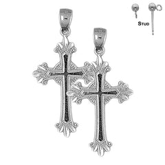 Sterling Silver 35mm Budded Glory Cross Earrings (White or Yellow Gold Plated)