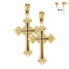 Sterling Silver 35mm Budded Glory Cross Earrings (White or Yellow Gold Plated)