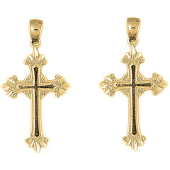 Yellow Gold-plated Silver 35mm Budded Glory Cross Earrings