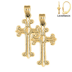 Sterling Silver 28mm Budded Cross Earrings (White or Yellow Gold Plated)