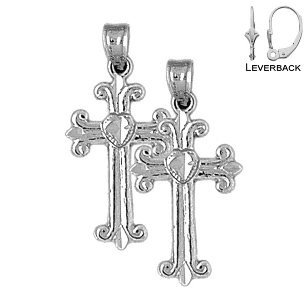 Sterling Silver 28mm Budded Cross Earrings (White or Yellow Gold Plated)