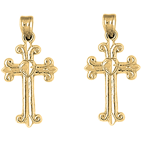 Yellow Gold-plated Silver 28mm Budded Cross Earrings