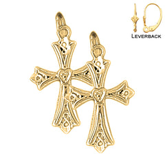 Sterling Silver 25mm Budded Cross Earrings (White or Yellow Gold Plated)