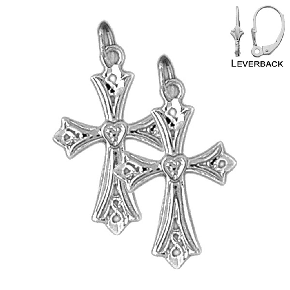 Sterling Silver 25mm Budded Cross Earrings (White or Yellow Gold Plated)