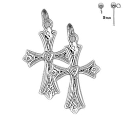 Sterling Silver 25mm Budded Cross Earrings (White or Yellow Gold Plated)