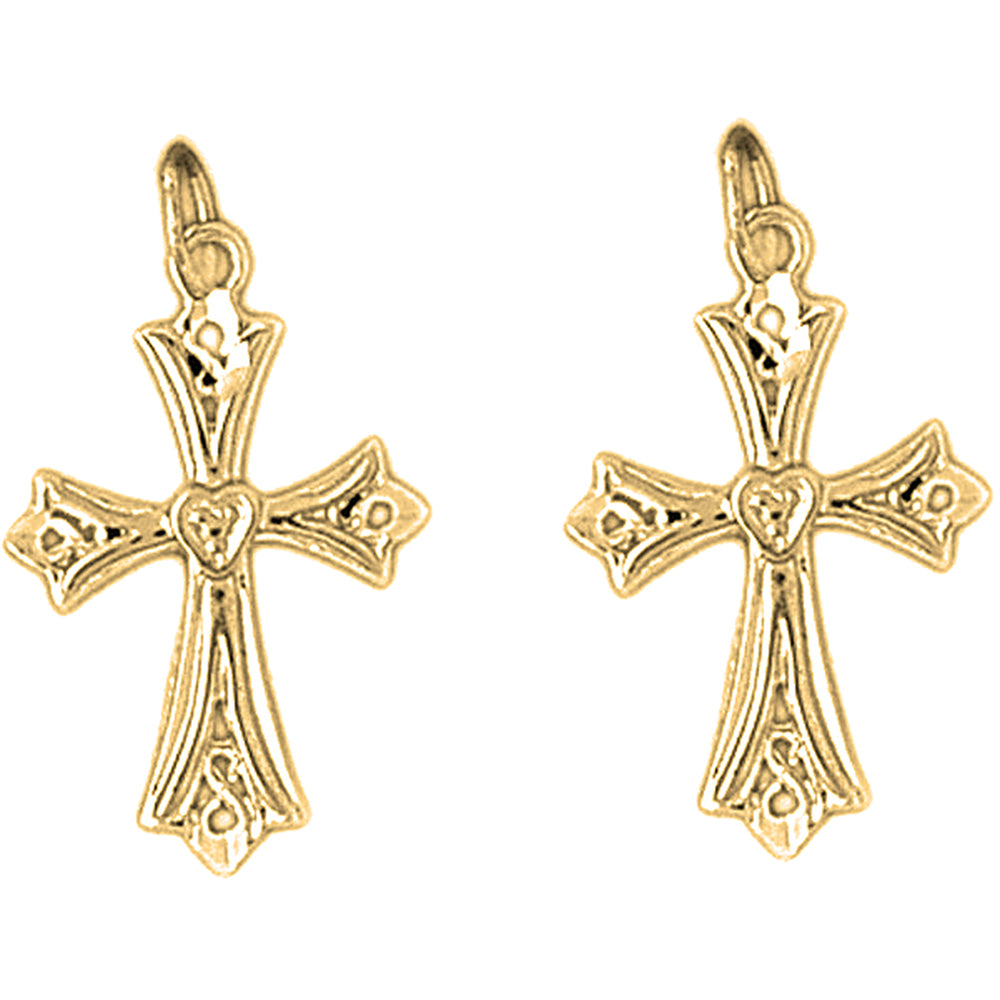 Yellow Gold-plated Silver 25mm Budded Cross Earrings