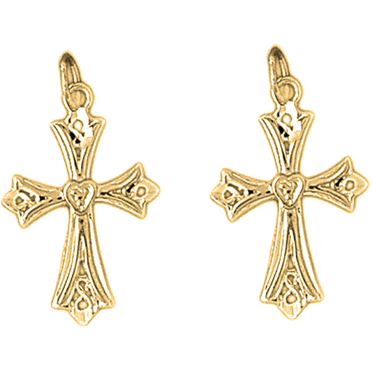 Yellow Gold-plated Silver 25mm Budded Cross Earrings