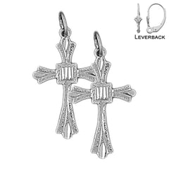 Sterling Silver 28mm Budded Cross Earrings (White or Yellow Gold Plated)