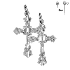 Sterling Silver 28mm Budded Cross Earrings (White or Yellow Gold Plated)