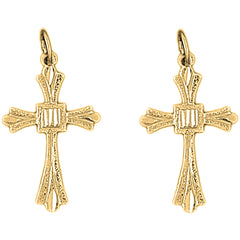 Yellow Gold-plated Silver 28mm Budded Cross Earrings