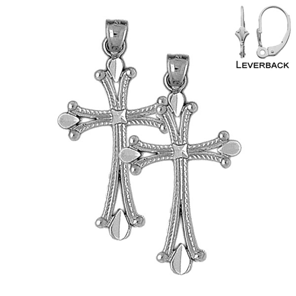 Sterling Silver 36mm Budded Cross Earrings (White or Yellow Gold Plated)