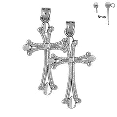 Sterling Silver 36mm Budded Cross Earrings (White or Yellow Gold Plated)