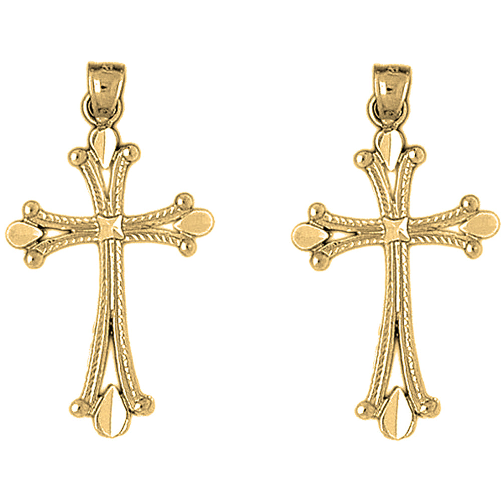 Yellow Gold-plated Silver 36mm Budded Cross Earrings