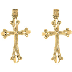 Yellow Gold-plated Silver 36mm Budded Cross Earrings