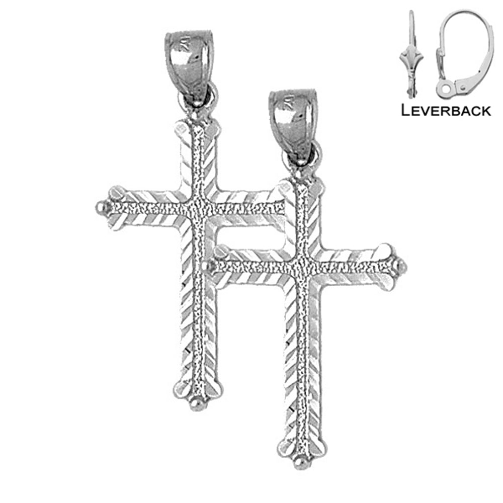 Sterling Silver 38mm Budded Cross Earrings (White or Yellow Gold Plated)