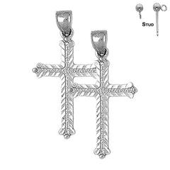 Sterling Silver 38mm Budded Cross Earrings (White or Yellow Gold Plated)