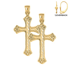 Sterling Silver 33mm Budded Cross Earrings (White or Yellow Gold Plated)