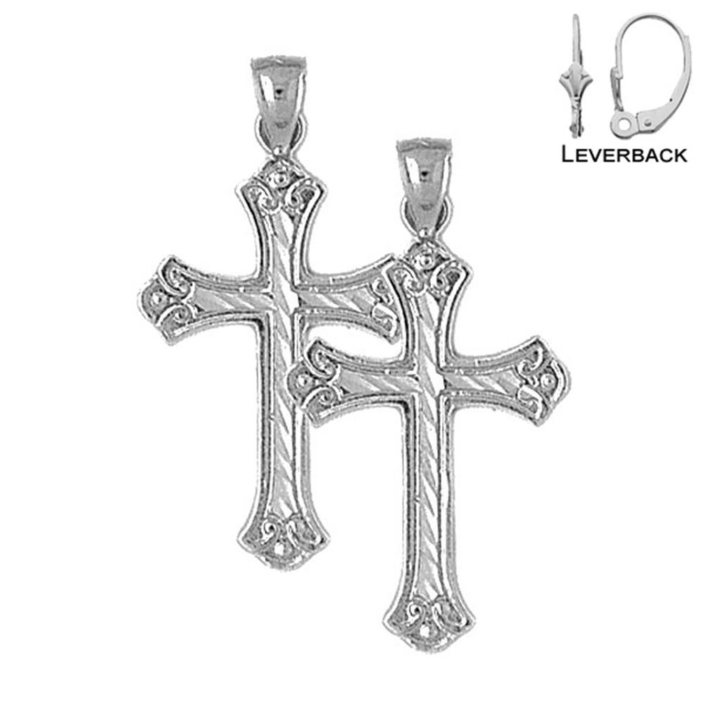 Sterling Silver 33mm Budded Cross Earrings (White or Yellow Gold Plated)