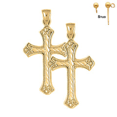 Sterling Silver 33mm Budded Cross Earrings (White or Yellow Gold Plated)