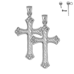 Sterling Silver 33mm Budded Cross Earrings (White or Yellow Gold Plated)