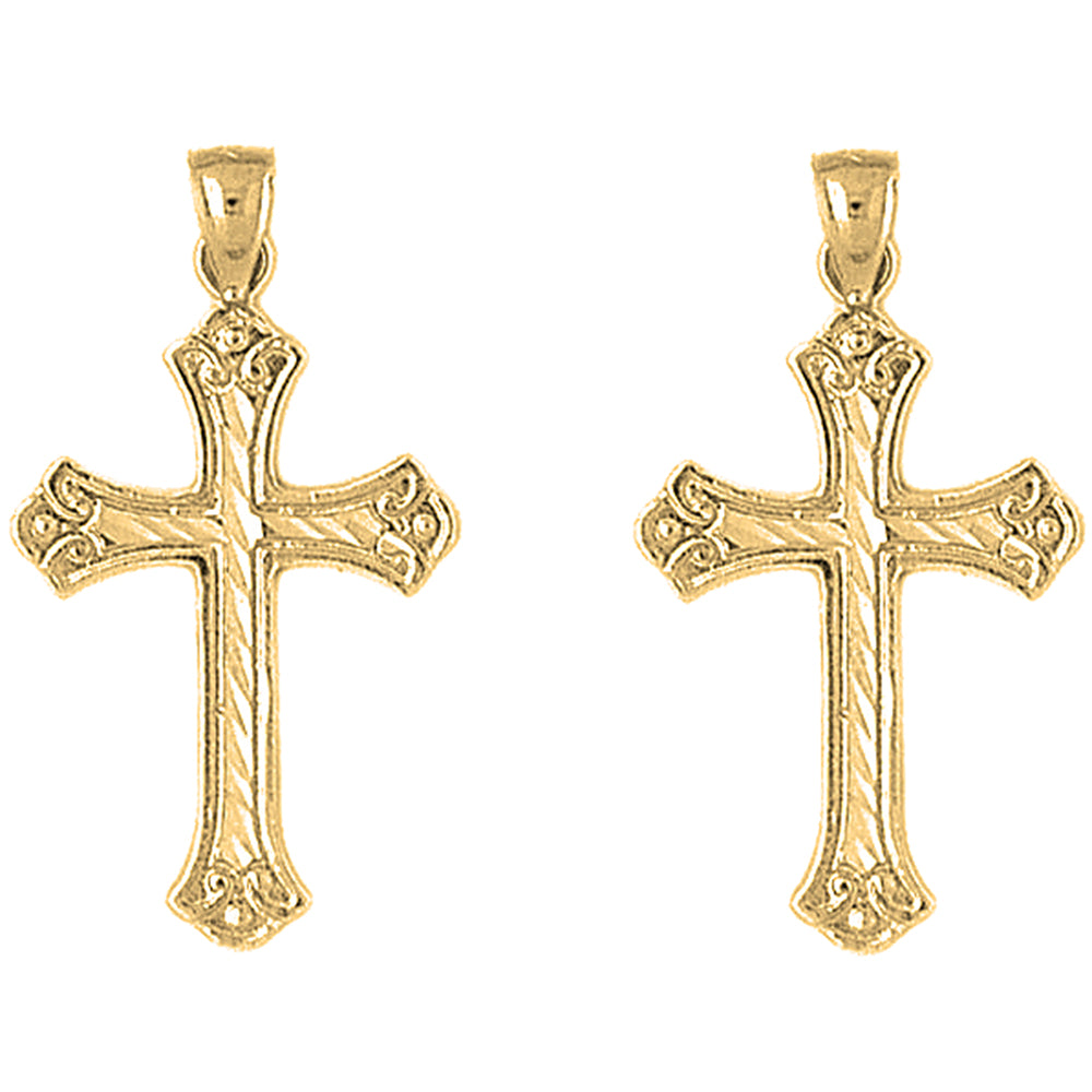 Yellow Gold-plated Silver 33mm Budded Cross Earrings