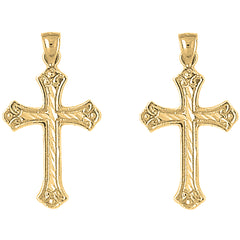 Yellow Gold-plated Silver 33mm Budded Cross Earrings