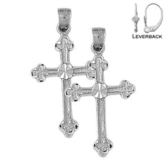 Sterling Silver 31mm Budded Cross Earrings (White or Yellow Gold Plated)