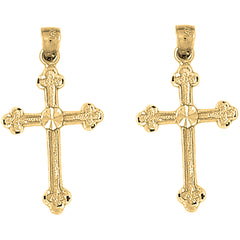 Yellow Gold-plated Silver 31mm Budded Cross Earrings