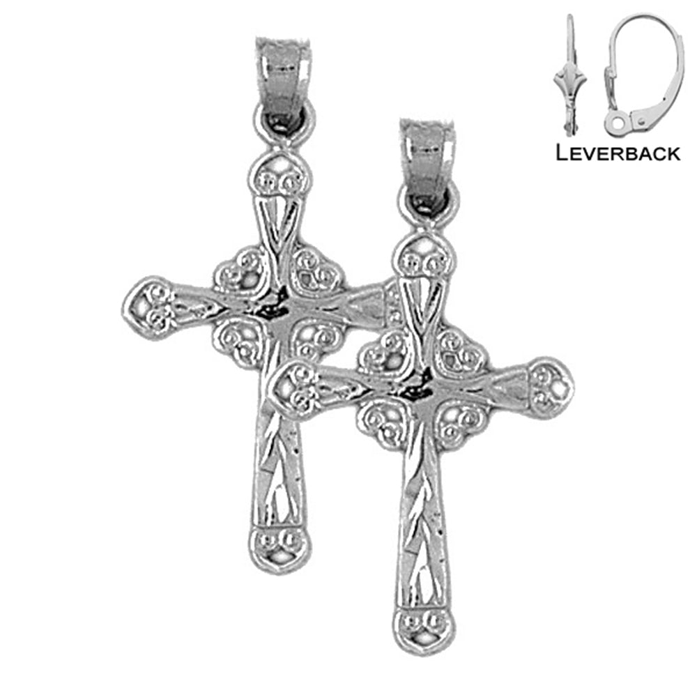 Sterling Silver 31mm Budded Glory Cross Earrings (White or Yellow Gold Plated)